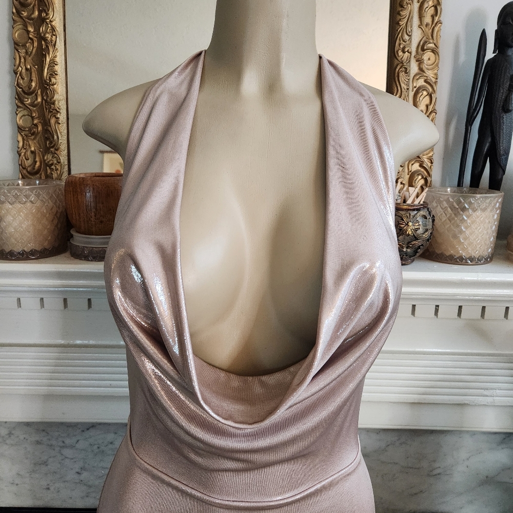 Club L London Gold Mini Halter Dress Size 6 Stretch Metallic Backless Glamoratti - Picture 9 of 15